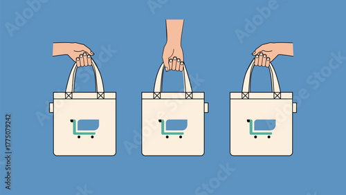 Minimalist shopping concept with three tote bags held by hands, featuring modern cart icons on a blue background. Perfect for retail, e commerce, and eco themes.
