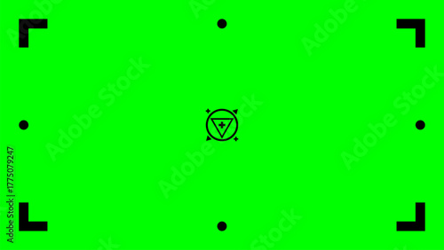 Green screen with central triangle plus symbol, corner brackets, and tracking dots, designed for chromakey motion capture, camera alignment, and VFX compositing workflow.