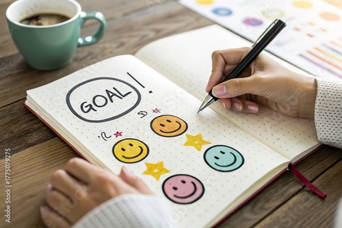 Person crossing out goal on journal page with smiley faces