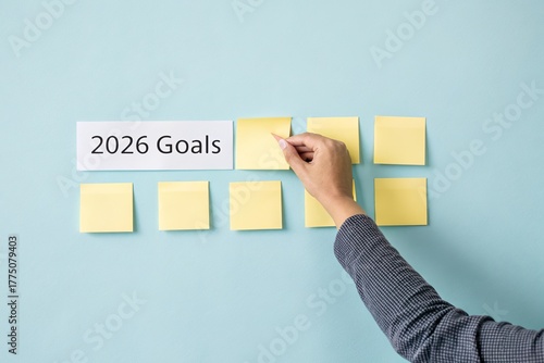 Person placing sticky notes with 2026 goals on a wall