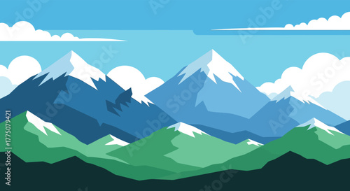Vibrant flat illustration of snow capped mountains and rolling green hills under a clear blue sky with fluffy clouds