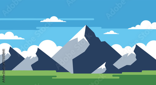 Vibrant flat design landscape featuring snow capped mountains under a blue sky with clouds