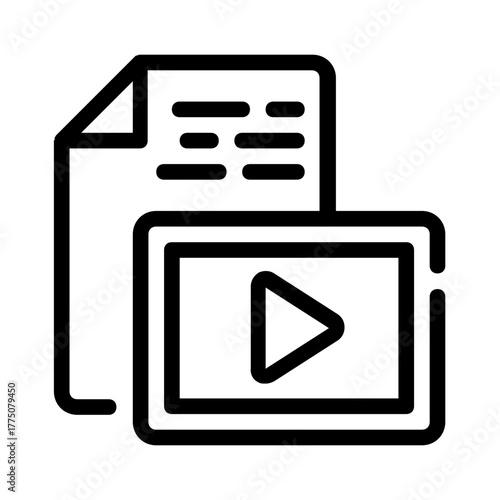 Document with a play button on a screen. Suitable for digital presentations, online courses, video tutorials, multimedia content, elearning platforms.
