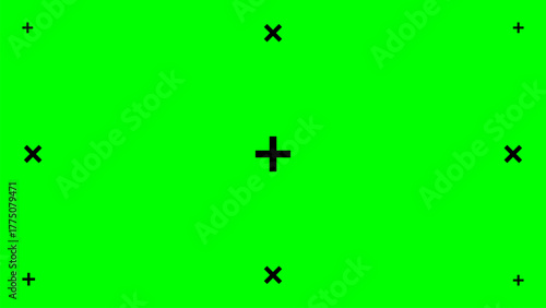 Green screen with bold central plus sign and six smaller tracking marks arranged symmetrically, designed for chromakey motion tracking, camera alignment, and VFX compositing.
