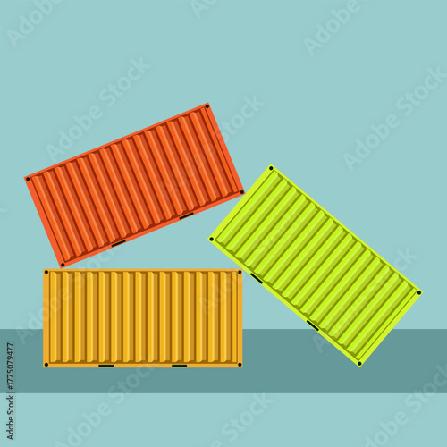 Three colorful cargo containers stacked in a dynamic triangular formation on blue background, representing global logistics, freight balance, and industrial transport systems.