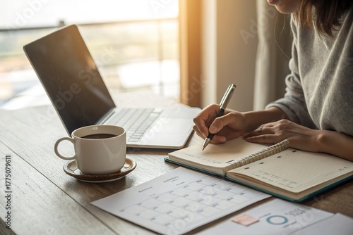 Person writing in a notebook next to a cup of coffee