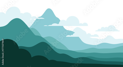 Serene abstract landscape with layered green mountain peaks and wispy clouds in a minimalist flat design style