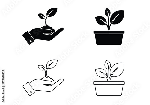 Plant growth icons hand potted seedling farming nature - Vector icon symbol for website - Icon vector - Blue icon vector - Line and glyph solid icon set