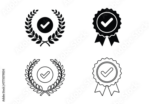 Set of four approval award badges and checkmarks - Vector icon symbol for website - Icon vector - Blue icon vector - Line and glyph solid icon set