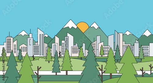 Modern city skyline emerging from lush green mountains and pine forests under a bright sunny sky