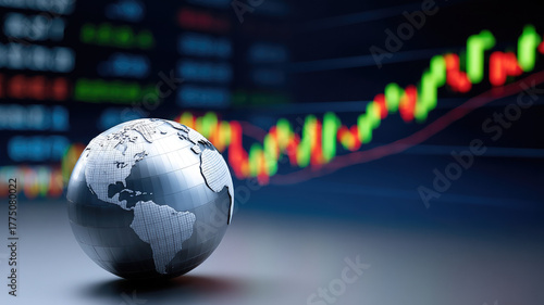 Silver globe market financial chart global economy investment colorful candlestick trading finance business technology growth optimism success digital background data analysis economic trend