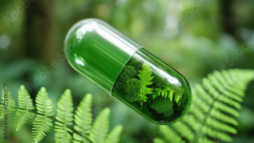 Eco friendly capsule green supplement sustainable biotech environment biodegradable nature forest foliage health innovation natural remedy lush vibrant hope