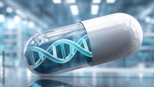 Medicine capsule DNA strand holographic futuristic biotechnology science healthcare innovation blue laboratory hope medical research genetic