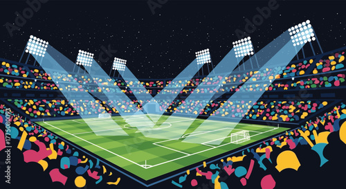 Vibrant stadium filled with cheering fans under bright spotlights during a nighttime sporting event