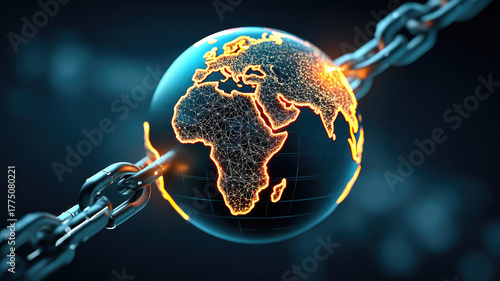 Futuristic globe glowing network lines, surrounded heavy metal chain, symbolizing restriction, security, global connection dark atmosphere
