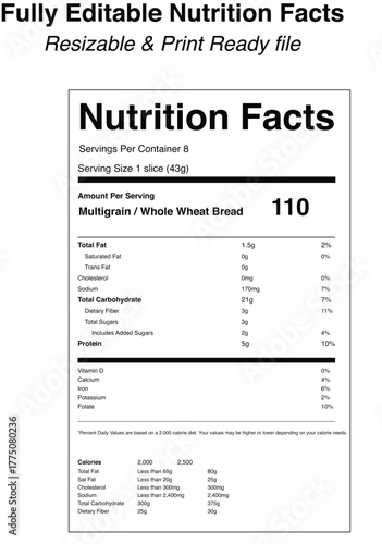 Wheat bread nutrition facts label design