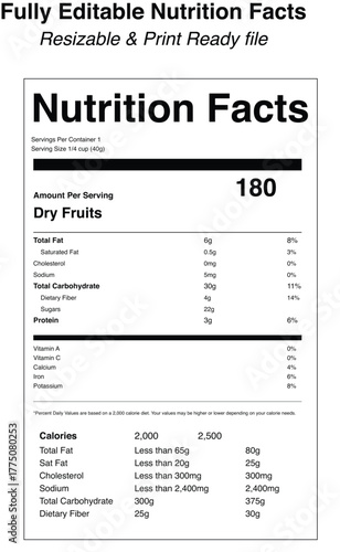 Nutrition facts label design for dried fruits with ingredient information