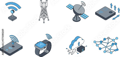 Wireless communication network technology concept with wifi, satellite, smartwatch, cloud storage, data connection, cad drawing flat vector illustration