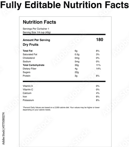 Nutrition facts label design for dry food products