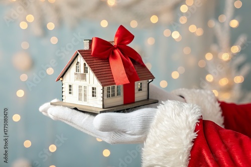Santa hand holding a miniature house with a red bow as a gift