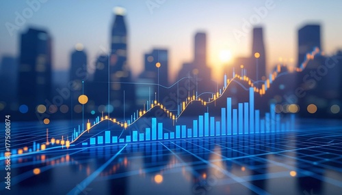 Financial growth and success in the global economy. An abstract digital chart showing market data against a vibrant city skyline at sunrise