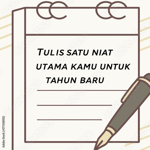 A notepad with a pen showcasing a new years resolution reminder on a beige background
