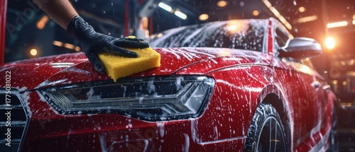 The car being hand washed with sponge and foamy suds in dramatic garage lighting
