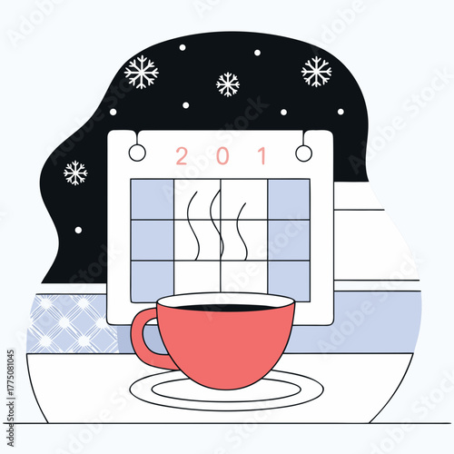 A red cup of coffee sits in front of a calendar in winter