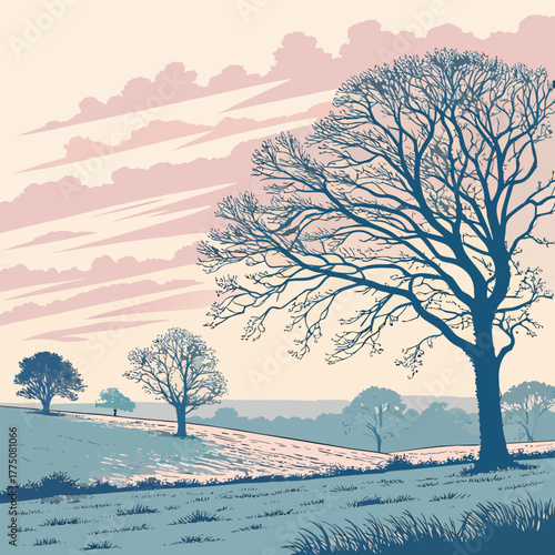 A serene landscape with bare trees and a pastel sky in the background