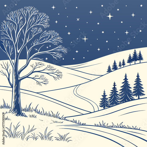 A serene winter landscape with a bare tree, snowcovered hills, and a starlit sky creating a peaceful and enchanting scene