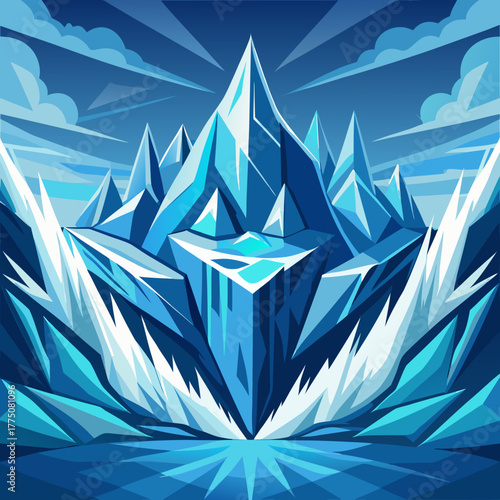 A stunning illustration of a blue ice mountain range with sharp peaks and dramatic lighting, set against a cloudy sky