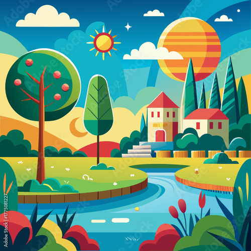 Colorful landscape illustration with river, trees, house and sun