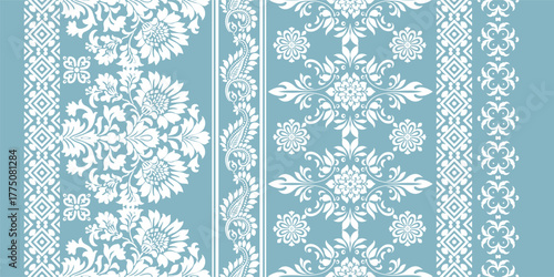  floral pattern vintage ethnic modern embroidery texture boho design vector illustration hand drawn pink flower motif branches leaves wallpaper seamless background border.