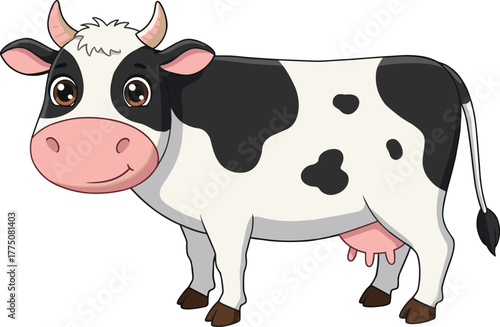 Cute cartoon dairy cow with black and white spots, farm animal illustration for children and agriculture education, cad drawing flat vector illustration