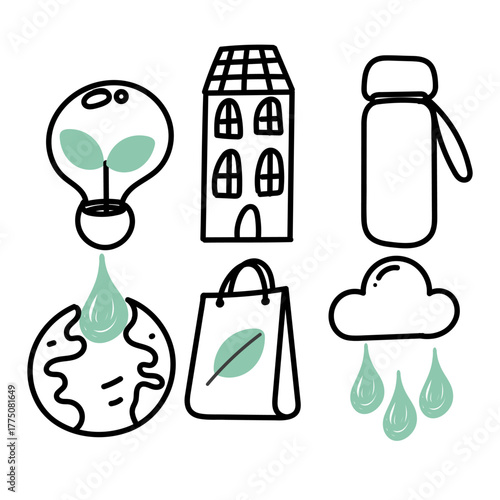 doodle sustainable lifestyle icon collection hand drawn style