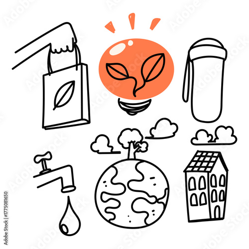 doodle sustainable lifestyle icon collection hand drawn style