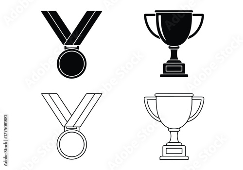 Gold medal and trophy silhouettes for sports achievements - Vector icon symbol for website - Icon vector - Blue icon vector - Line and glyph solid icon set