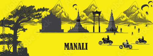 Manali Skyline Sketch with Cultural Touch for Tourism Featuring Hidimba Devi Temple, Solang Valley, Rohtang Pass, Beas River, Old Manali, and Himalayan Mountains – Perfect for Travel Poster, Wall Art,