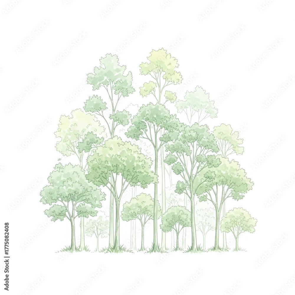 Obraz premium Delicate watercolor illustration of a cluster of deciduous trees with soft green foliage isolated on white background