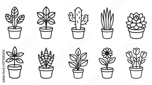 Collection of ten potted houseplants and flowers, simple line art vector icons on white