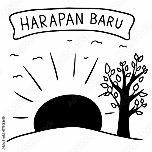 Illustration of a sunrise with the words harapan baru