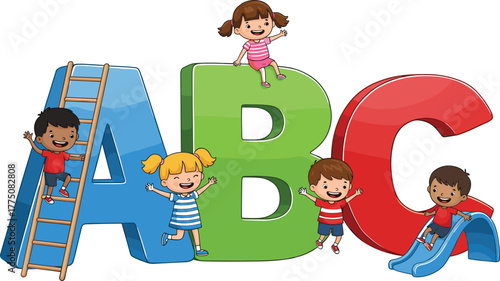 Happy children playing with colorful ABC letters, fun alphabet learning concept for preschool education, joyful cartoon design, cad drawing flat vector illustration