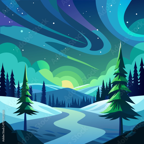 Vibrant aurora borealis over a snowy landscape with pine trees, creating a serene and magical winter scene