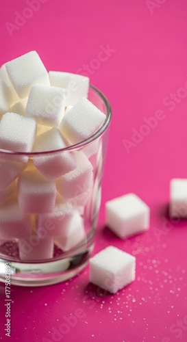A glass filled with sugar cubes on a pink background with additional cubes scattered around