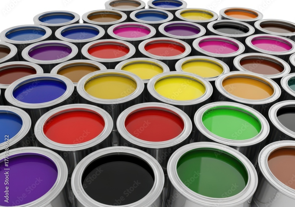 Fototapeta premium A large collection of open paint cans filled with various vibrant colors
