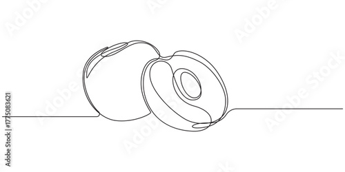 plum fruit continuous single line art vector illustration,Continuous Line Drawing of Peaches with Halved Fruit