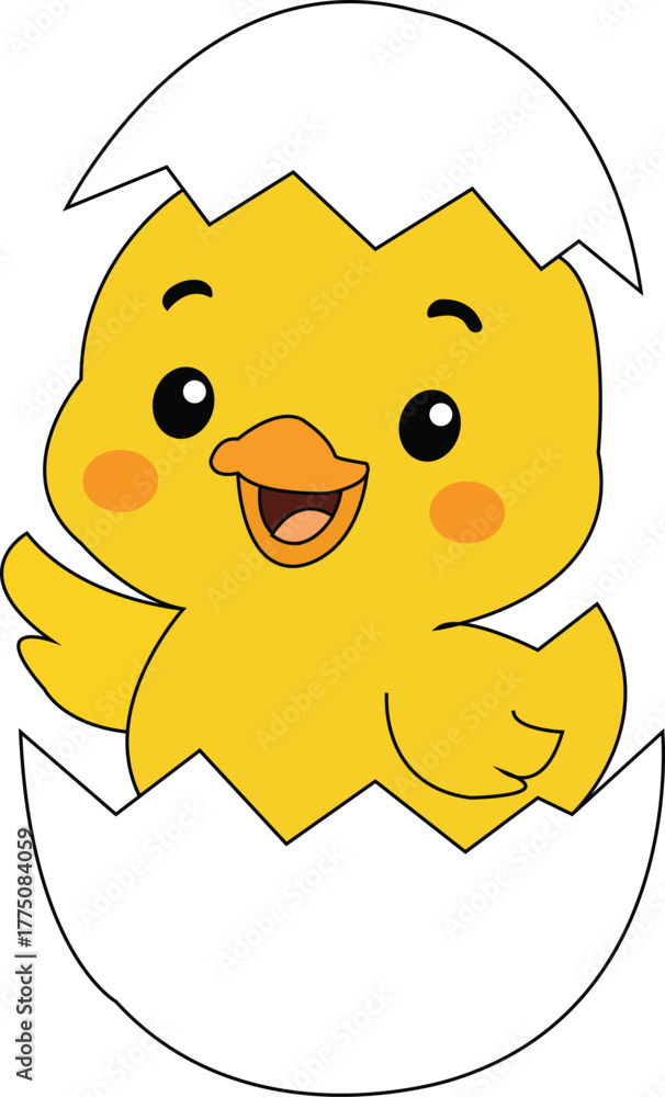 Obraz premium Cute happy yellow cartoon chick hatching from a cracked white eggshell isolated graphic