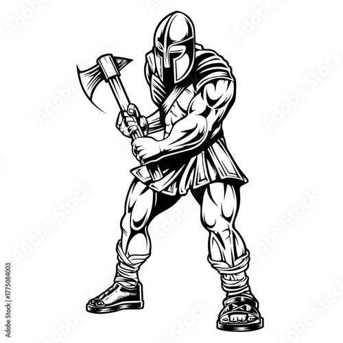 Strong warrior holding axe ready for battle in black and white vector