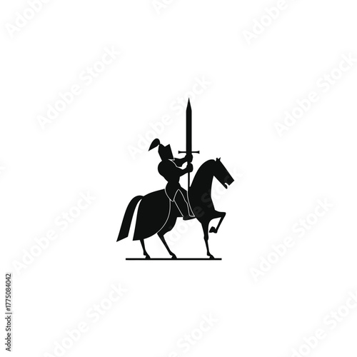 Knight silhouette on horse with sword raised against white background