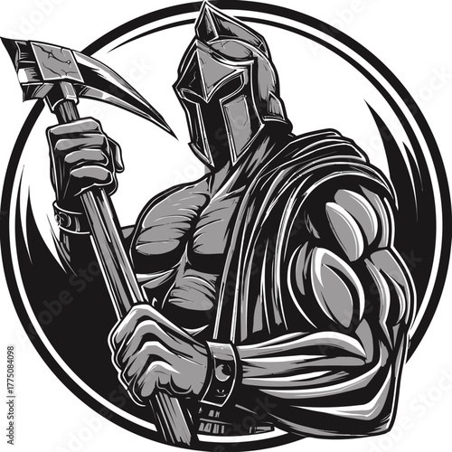 Spartan warrior holding axe in vector illustration for design element
